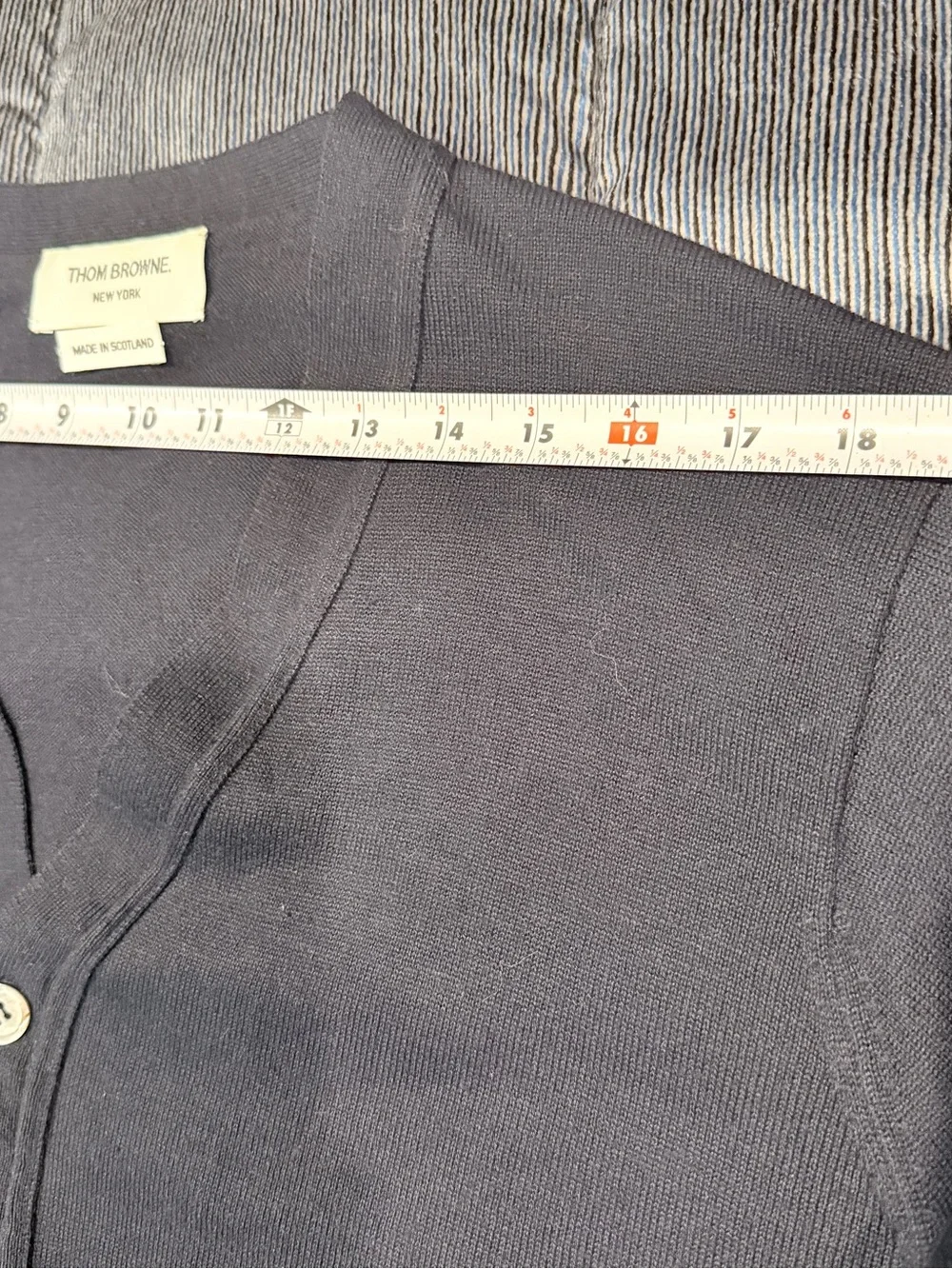 Authentic Thom Browne Navy Wool Cardigan Sweater Stripe Trim Made in Scotland SM